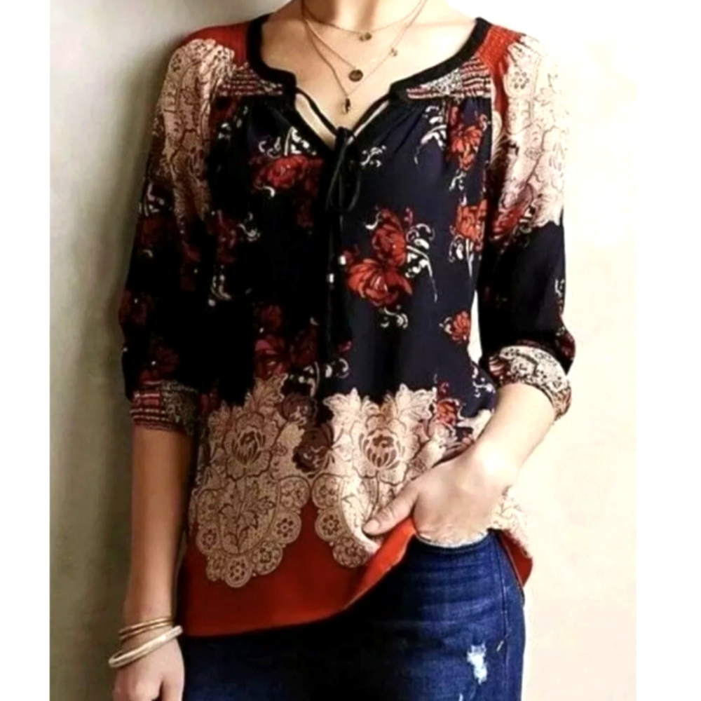 Anthropologie Meadow Rue Women's XS Silk Peasant Blouse